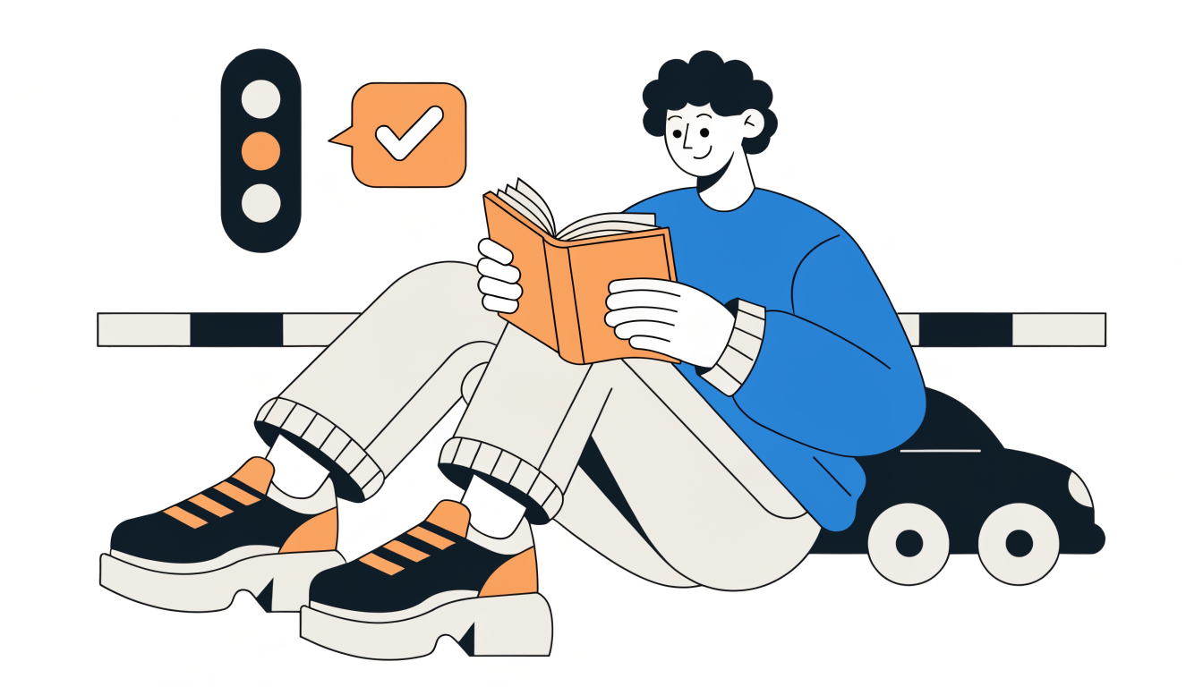 توضيح لشخص يذاكر كتاب قواعد المرور بجانب سيارة